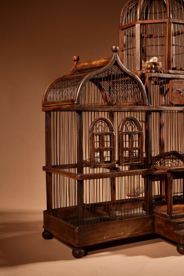 Antique Folk Art Unusual Wood And Iron Bird Cage In The Shape Of Church/ Country House.