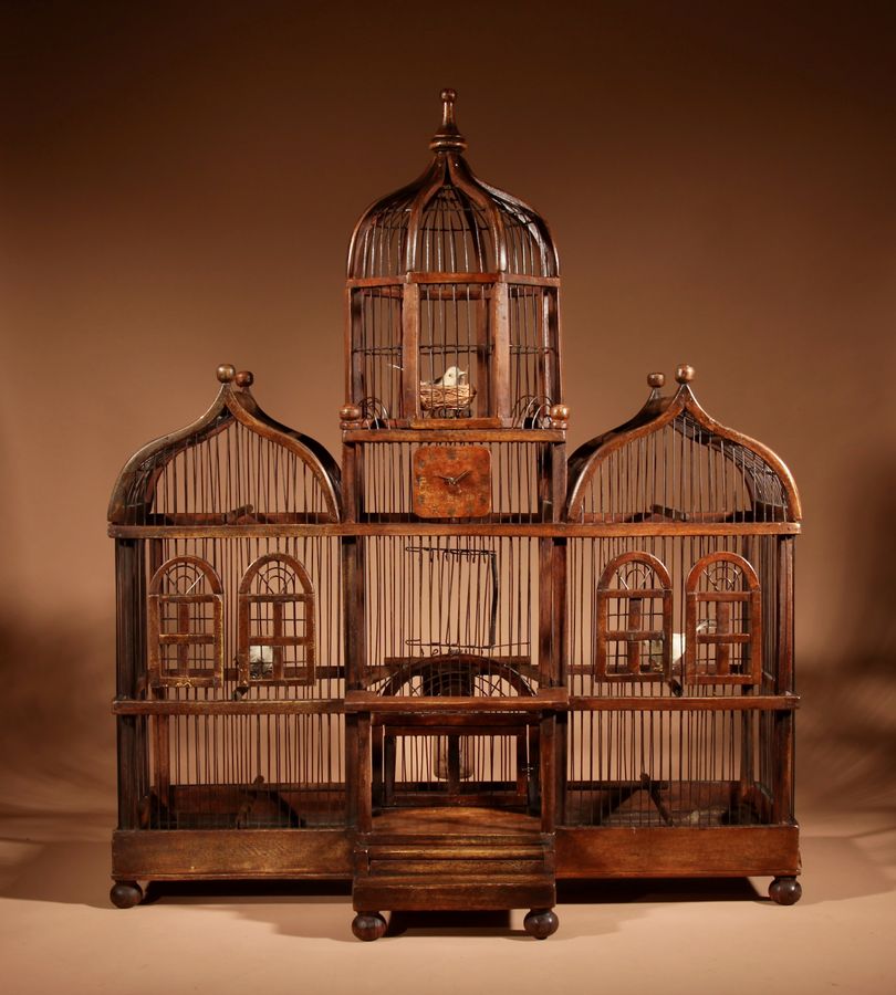 Antique Folk Art Unusual Wood And Iron Bird Cage In The Shape Of Church/ Country House.