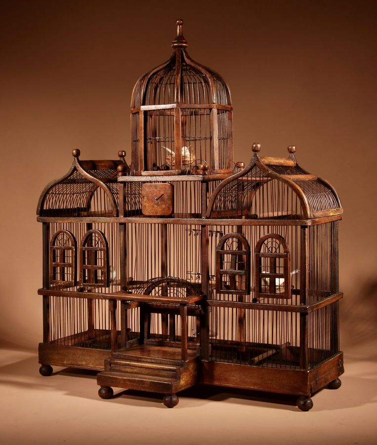 Antique Folk Art Unusual Wood And Iron Bird Cage In The Shape Of Church/ Country House.