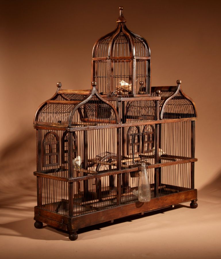 Antique Folk Art Unusual Wood And Iron Bird Cage In The Shape Of Church/ Country House.