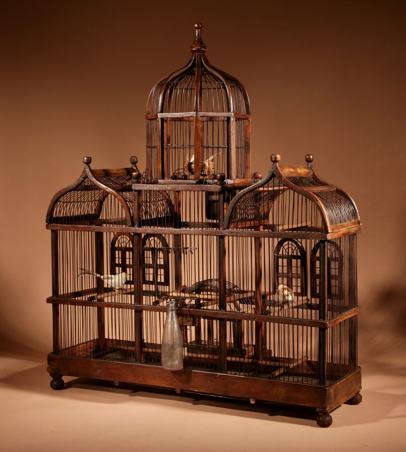 Antique Folk Art Unusual Wood And Iron Bird Cage In The Shape Of Church/ Country House.