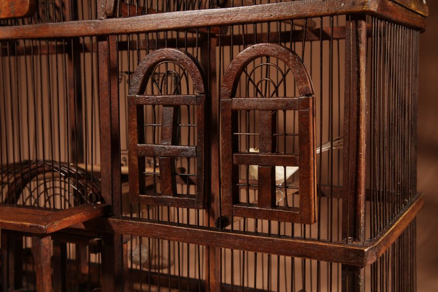 Antique Folk Art Unusual Wood And Iron Bird Cage In The Shape Of Church/ Country House.