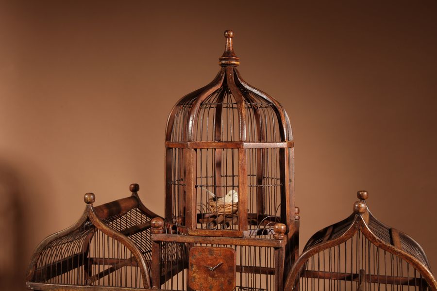 Antique Folk Art Unusual Wood And Iron Bird Cage In The Shape Of Church/ Country House.