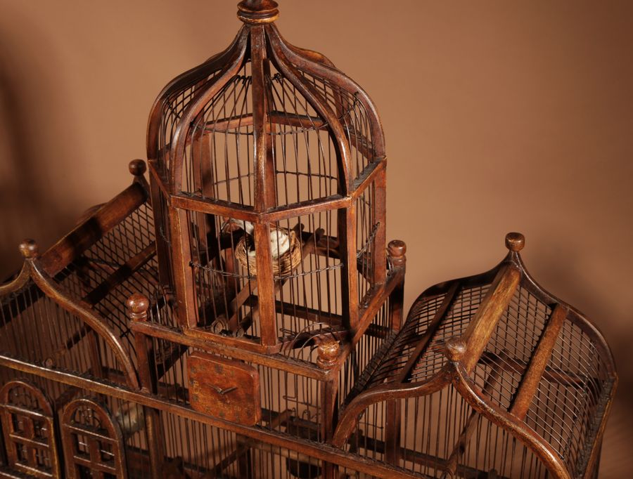 Antique Folk Art Unusual Wood And Iron Bird Cage In The Shape Of Church/ Country House.