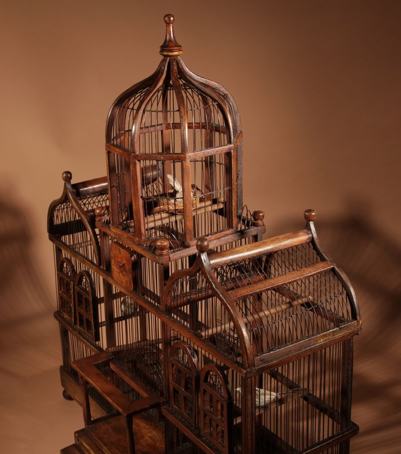 Antique Folk Art Unusual Wood And Iron Bird Cage In The Shape Of Church/ Country House.