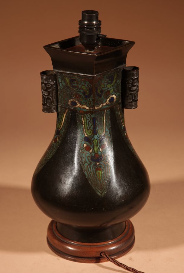 Antique  Unusual Japanese Bronze Champleve Table lamp.