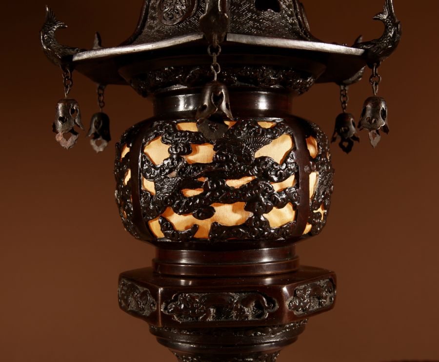 Antique A Rare Large and Very Decorative Japanese Bronze Lantern Table Lamp