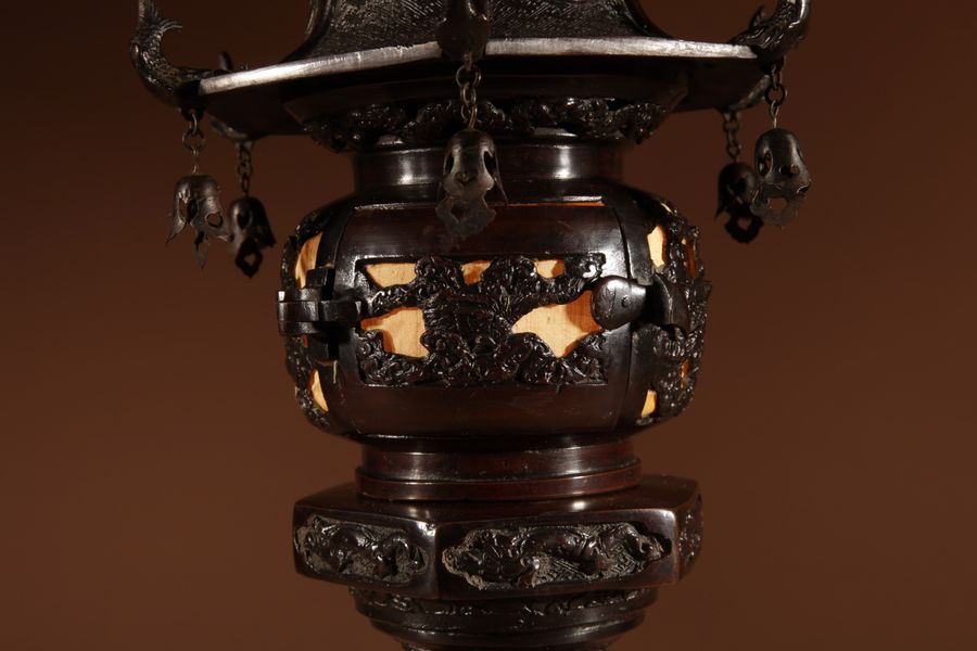 Antique A Rare Large and Very Decorative Japanese Bronze Lantern Table Lamp