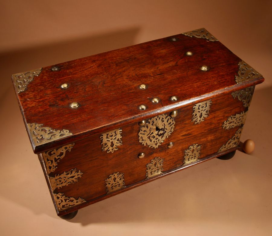 Antique  Dutch Colonial Hardwood And Engraved Brass Chest 18th Century.