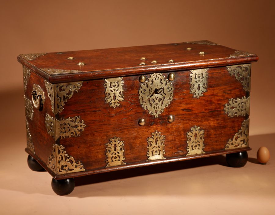 Antique  Dutch Colonial Hardwood And Engraved Brass Chest 18th Century.