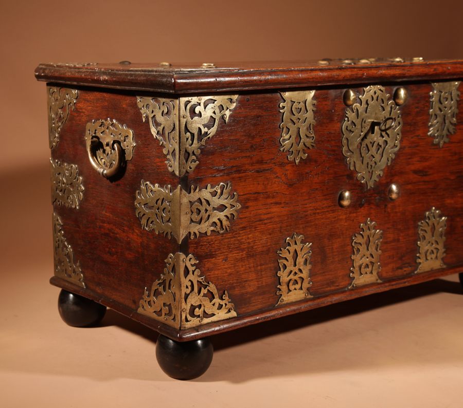 Antique  Dutch Colonial Hardwood And Engraved Brass Chest 18th Century.