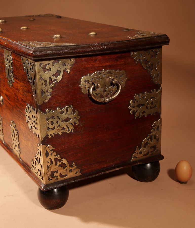 Antique  Dutch Colonial Hardwood And Engraved Brass Chest 18th Century.