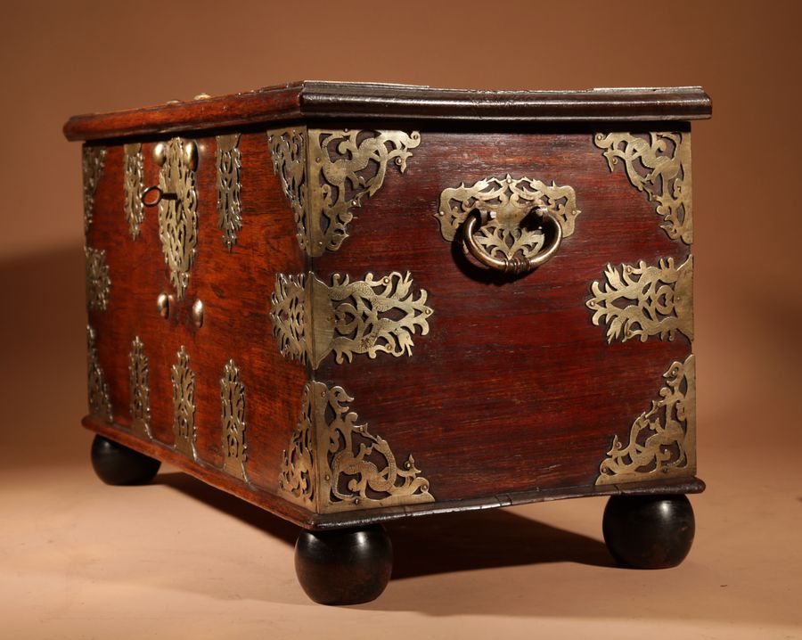 Antique  Dutch Colonial Hardwood And Engraved Brass Chest 18th Century.