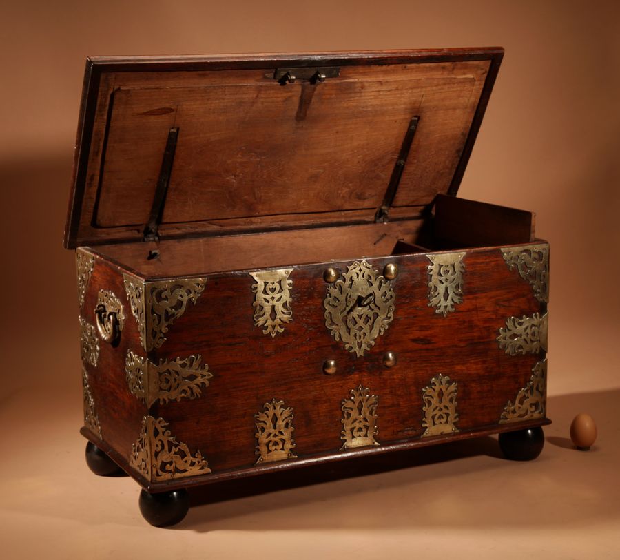 Antique  Dutch Colonial Hardwood And Engraved Brass Chest 18th Century.