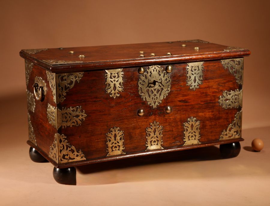 Antique  Dutch Colonial Hardwood And Engraved Brass Chest 18th Century.