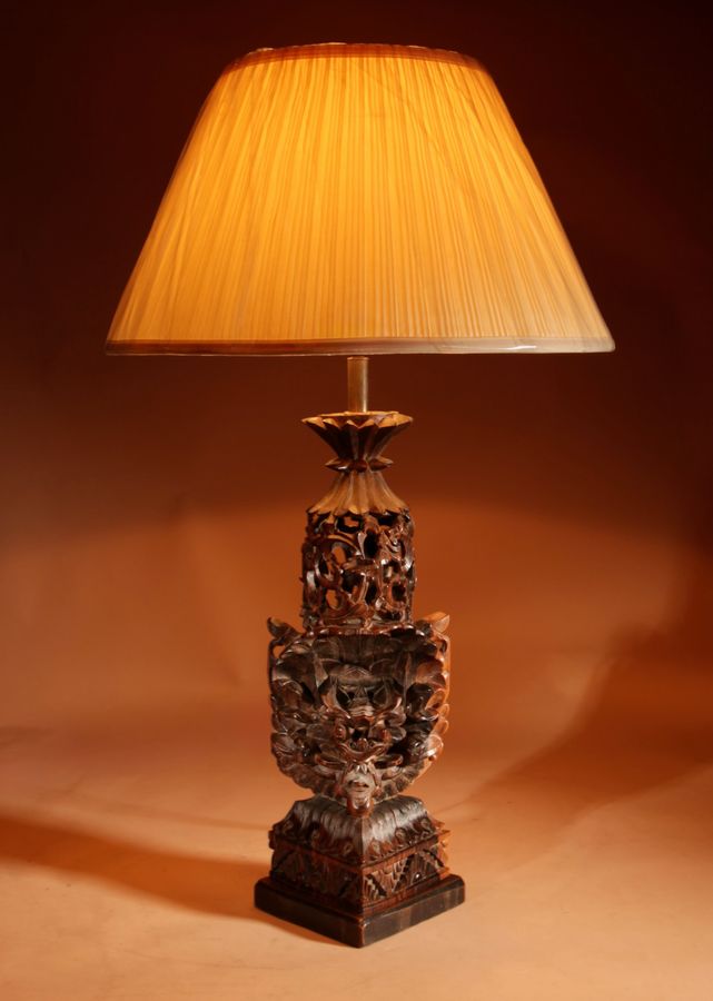 Antique Indonesian Possibly Bali Original Fine Carved Hardwood Table Lamp.