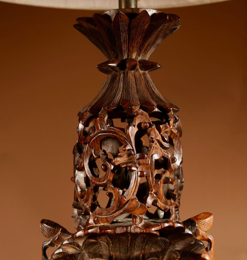 Antique Indonesian Possibly Bali Original Fine Carved Hardwood Table Lamp.