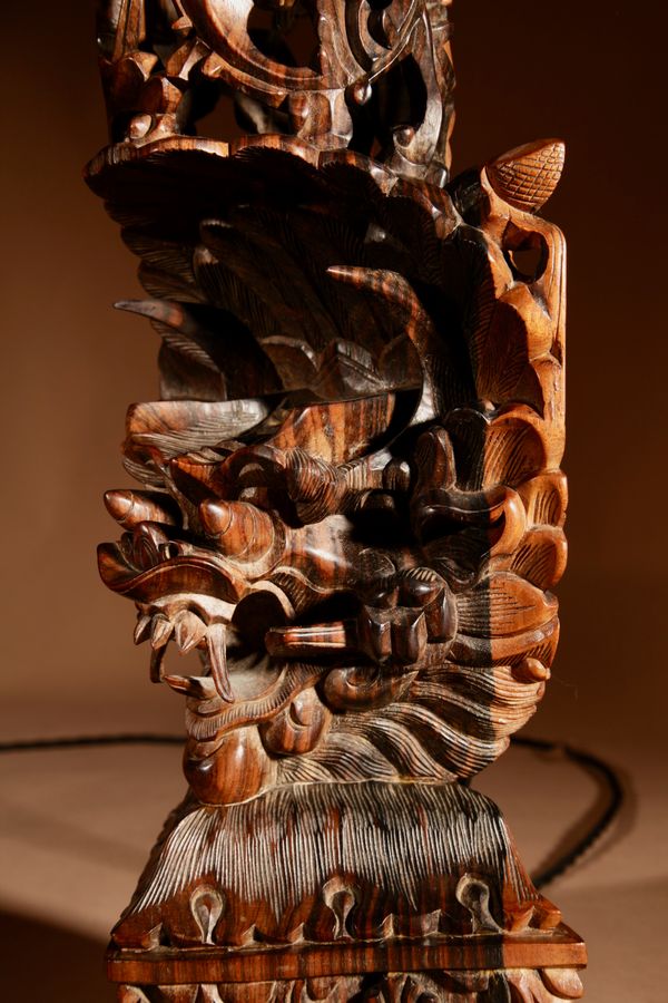 Antique Indonesian Possibly Bali Original Fine Carved Hardwood Table Lamp.