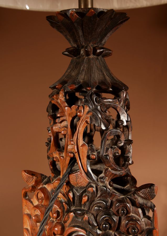 Antique Indonesian Possibly Bali Original Fine Carved Hardwood Table Lamp.