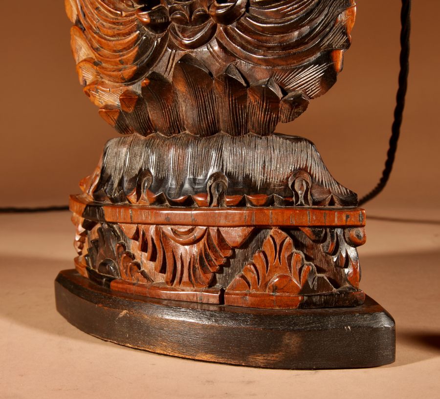 Antique Indonesian Possibly Bali Original Fine Carved Hardwood Table Lamp.