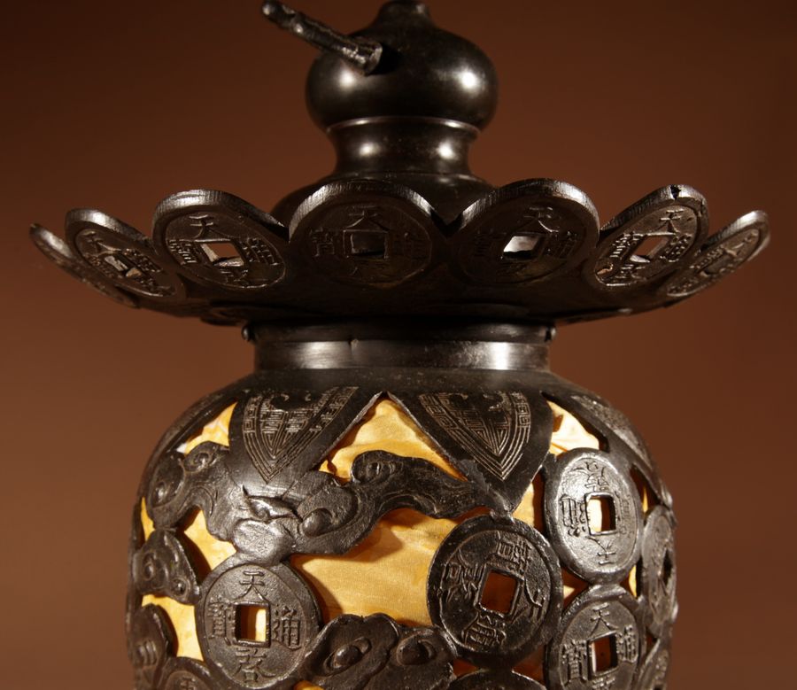 Antique Unusual Large Bronze Japanese Table/Hanging Lantern Lamp, Circa 1900-20.