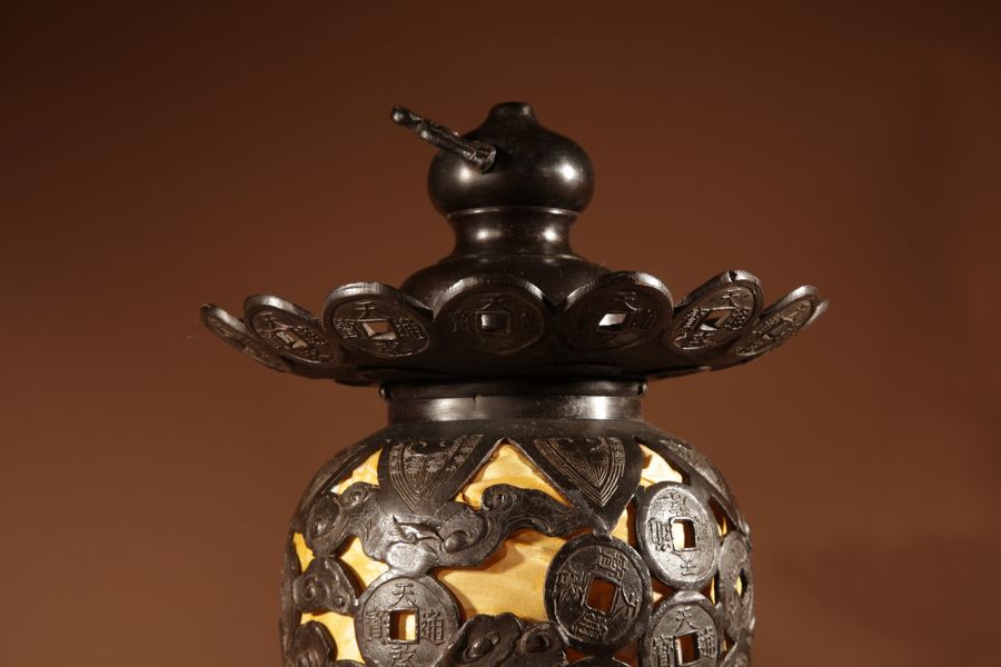 Antique Unusual Large Bronze Japanese Table/Hanging Lantern Lamp, Circa 1900-20.