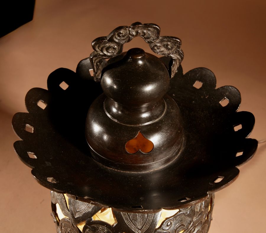 Antique Unusual Large Bronze Japanese Table/Hanging Lantern Lamp, Circa 1900-20.