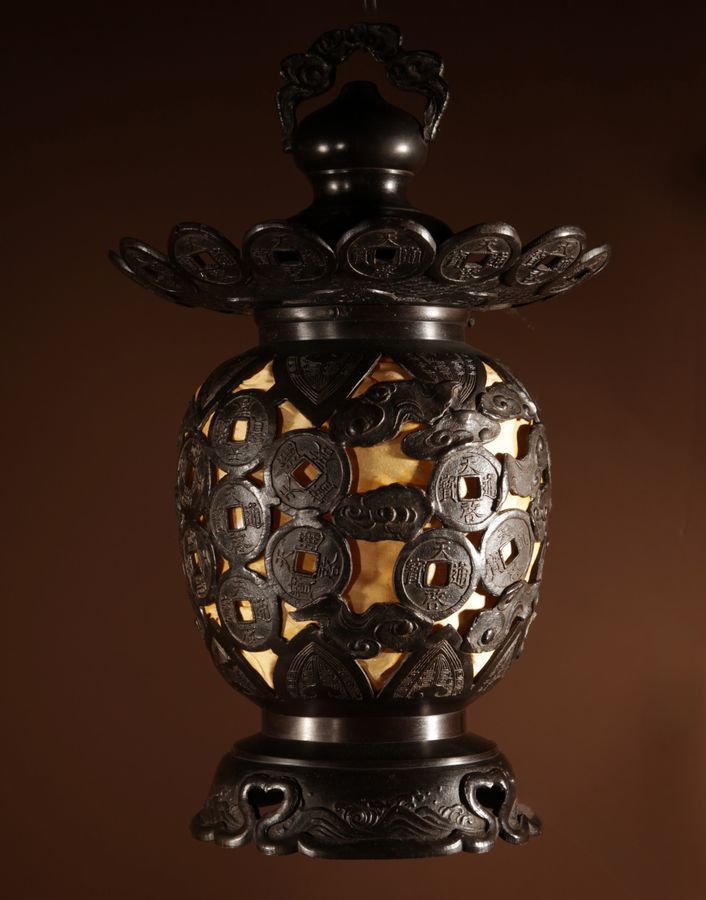 Antique Unusual Large Bronze Japanese Table/Hanging Lantern Lamp, Circa 1900-20.