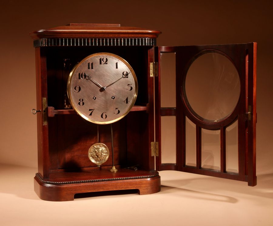 Antique Art nouveau Rare Germany, Furtwangen/Black Forest Mahogany Mantel Clock Circa 1895.