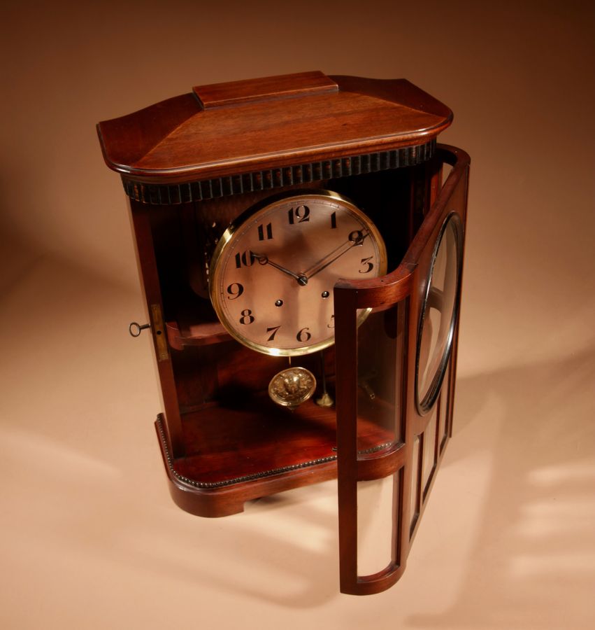 Antique Art nouveau Rare Germany, Furtwangen/Black Forest Mahogany Mantel Clock Circa 1895.