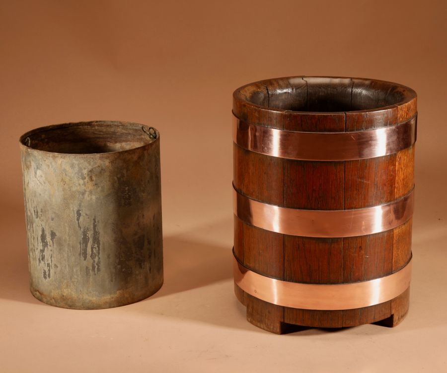 Antique Art Deco Interesting Oak And Copper Jardiniere/Planter/Wine Cooler.