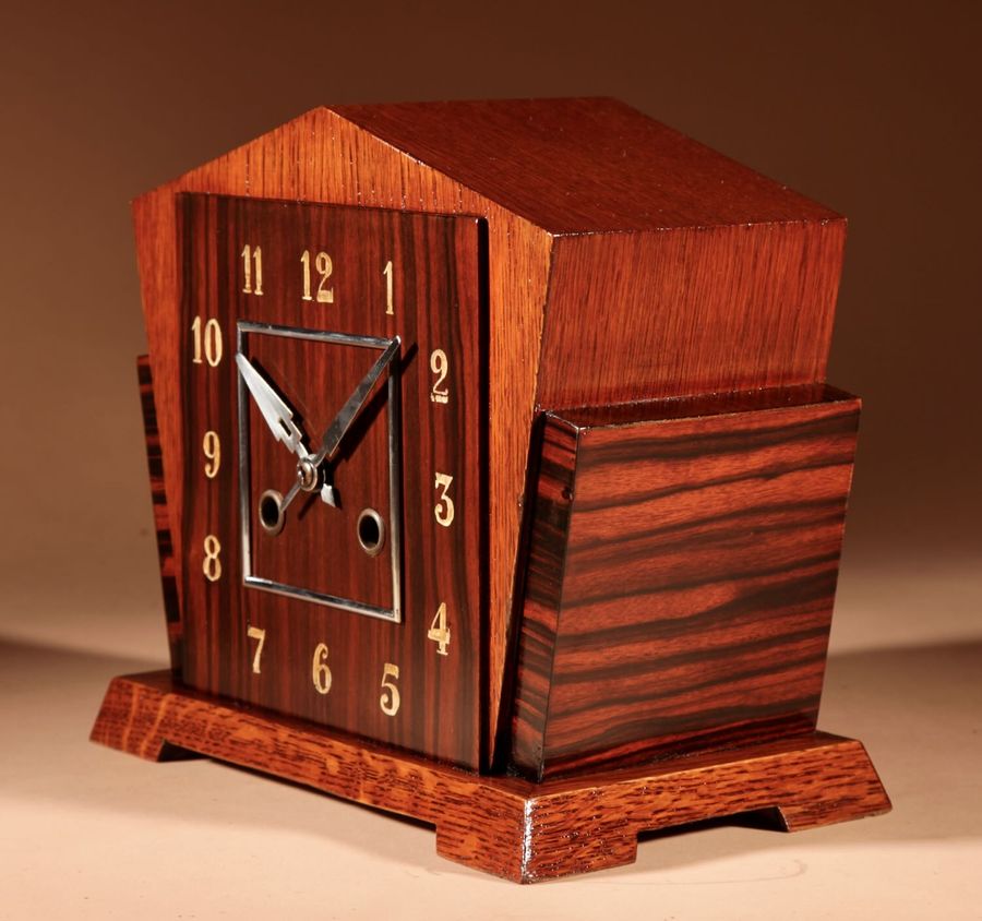 Antique A Very Stylish Typical Art Deco Amsterdam School Oak and Macassar Ebony/Coromandel Mantel Clock.