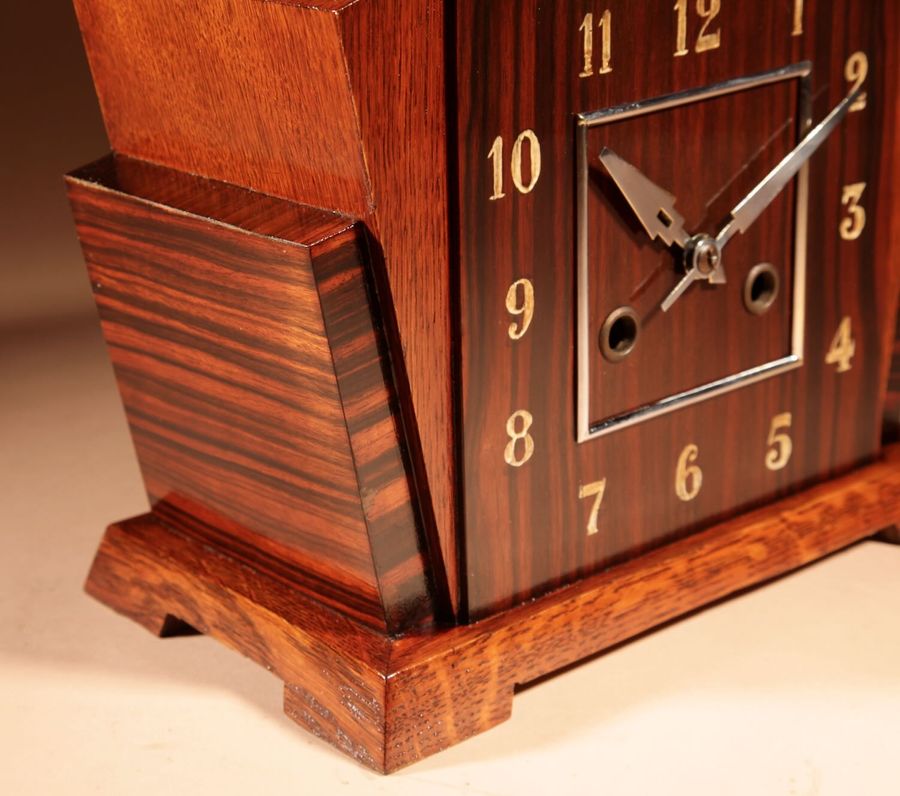 Antique A Very Stylish Typical Art Deco Amsterdam School Oak and Macassar Ebony/Coromandel Mantel Clock.