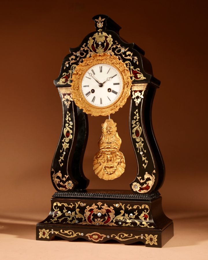 “Boulle” Mantel Clock In The portico Clock Style, French Circa 1870.