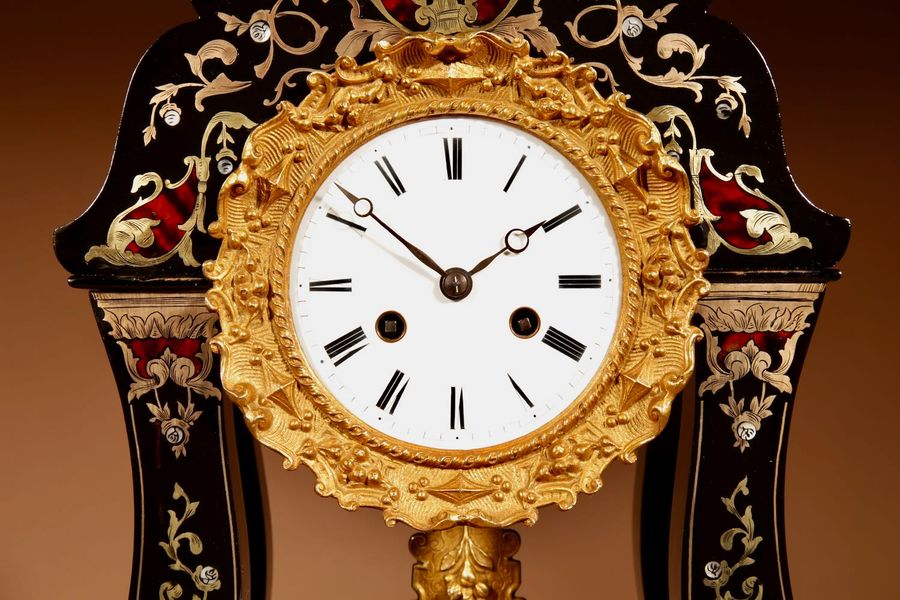 Antique “Boulle” Mantel Clock In The portico Clock Style, French Circa 1870.