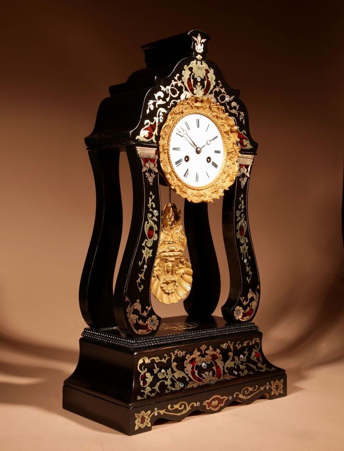 Antique “Boulle” Mantel Clock In The portico Clock Style, French Circa 1870.