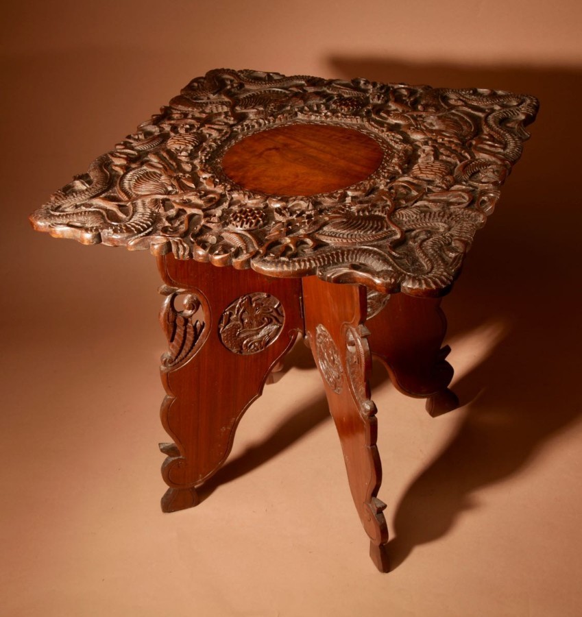 Antique  An original very fine carved Indian folding table made in Srinagar circa 1900/1920