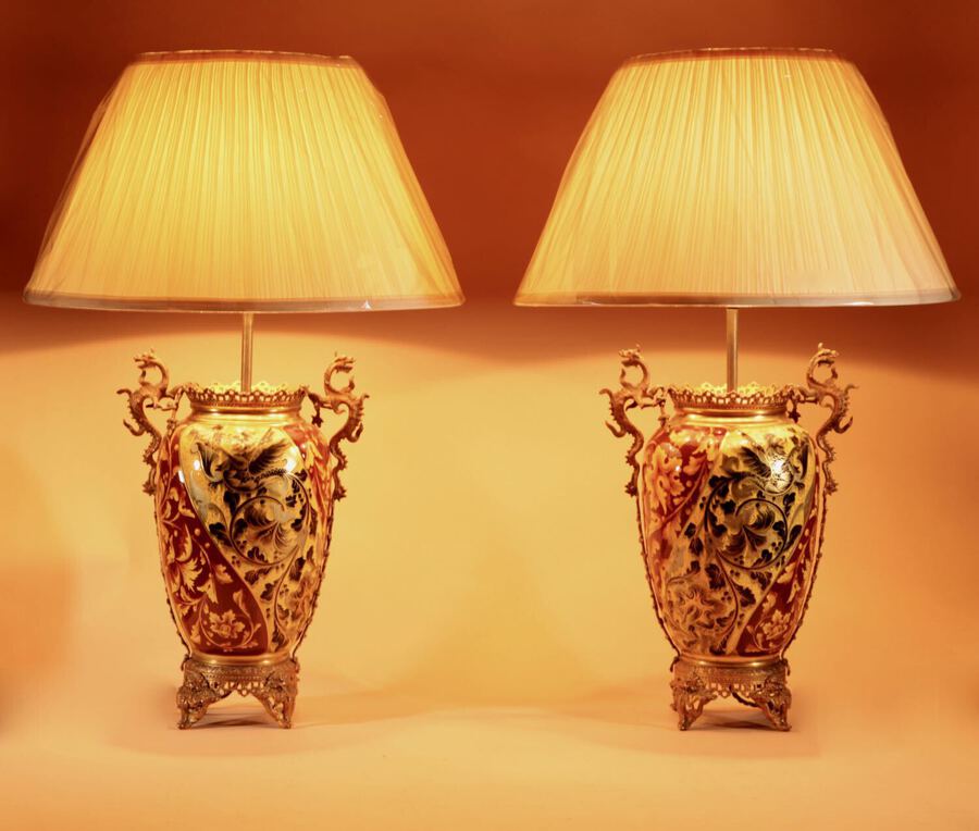 Antique  A Pair of Spectacular And Beautiful Ceramic Hand painted Paraffin Lamps.