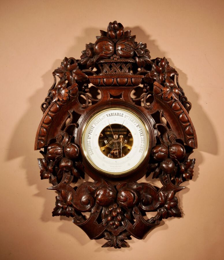 Antique An Unusual Large Very Fine Carved Oak Barometer.