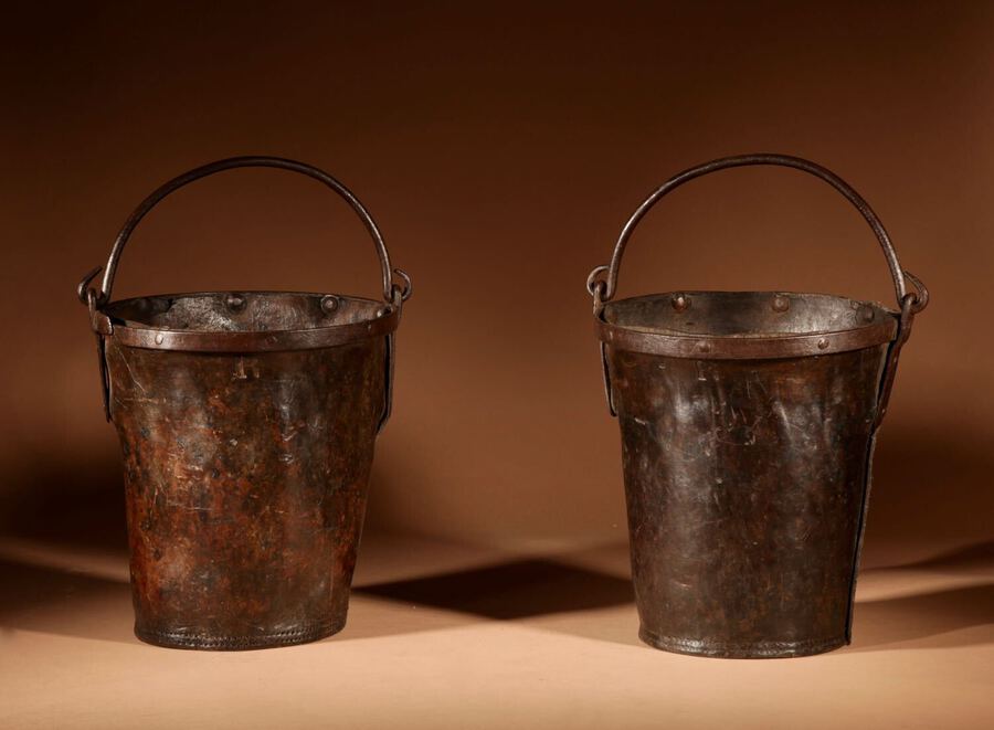 Antique Original Leather And Wrought Iron Pair Of Marked (Fire) Buckets.