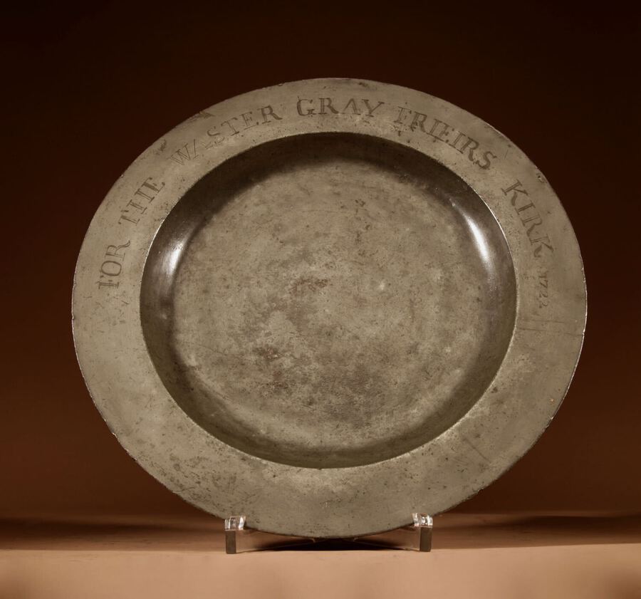 Antique Scottish Interest A Large Pewter Alm/Bread Dish Made For Greyfriars Church Edinburgh in 1722