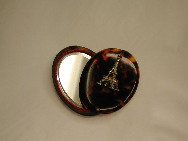 Antique French Tortoiseshell Hand Bag Mirror with Silver Plated and Gilt Eiffel Tower Motif