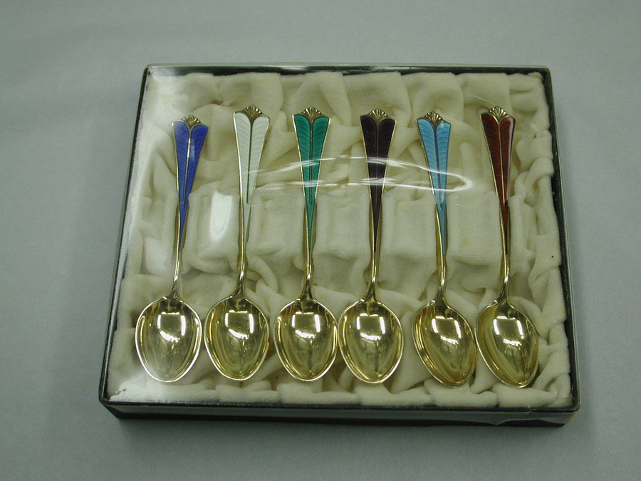 Set Of 6 Multi-Enamelled Norwegian Silver Gilt David Andersen Coffee Spoons Circa 1930
