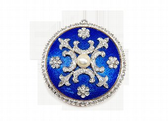 Blue Enamel, Diamonds  Pearl Brooch Watch