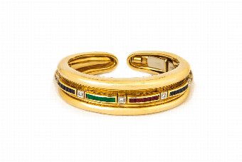 18 Karat Gold, Emerald, Ruby, Sapphire  Diamond Cuff-Bracelet by A. Clunn