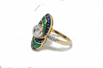 Antique Dutch Rose Cut Diamond, Sapphire  Emerald Ring