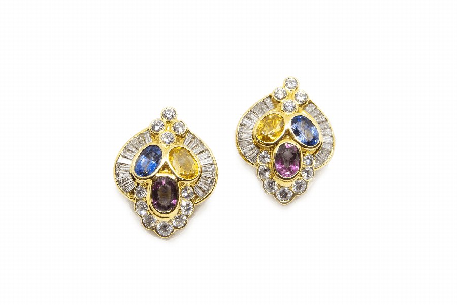 Antique Three Colour Sapphires  Diamonds Earrings