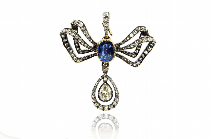 Antique Diamond  Sapphire Bow Pendant