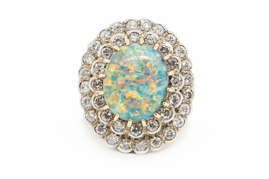 Antique Opal  Diamond Cluster Ring