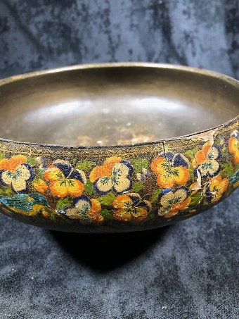 19th Century Indian Mughal Islamic gold inlay, painted Lacquer bowl